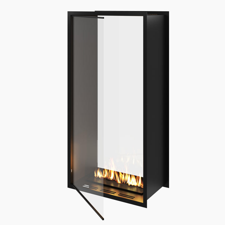 Bioethanol Einbau Kamin Ofen Einbaukamin Zweiseitig und Vertikal für Raumteiler mit Vollverglasung FAME 60x100cm von Wild Flame offene Glastür