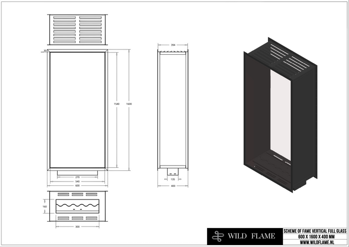 Technische Zeichnung für Bioethanol Einbau Kamin Zweiseitig und Vertikal für Raumteiler mit Vollverglasung Vollglas FAME 60x160cm von Wild Flame