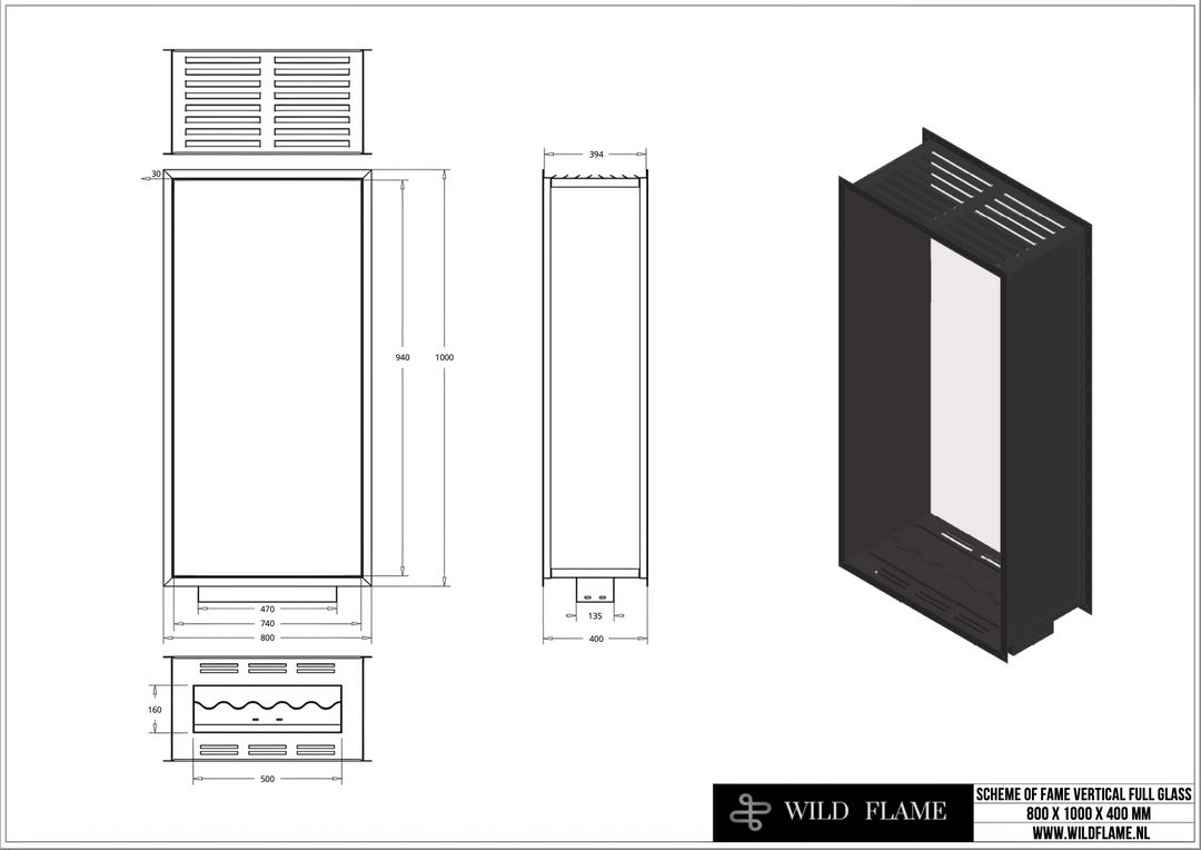 Technische Zeichnung für Bioethanol Einbau Kamin Zweiseitig und Vertikal für Raumteiler mit Vollverglasung Vollglas FAME 80x100cm von Wild Flame